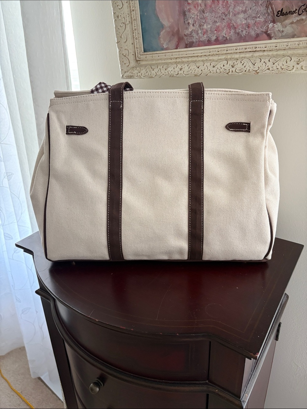 Canvas Tote Bag with Brown Trim and Bear Charm - Picture 3 of 5